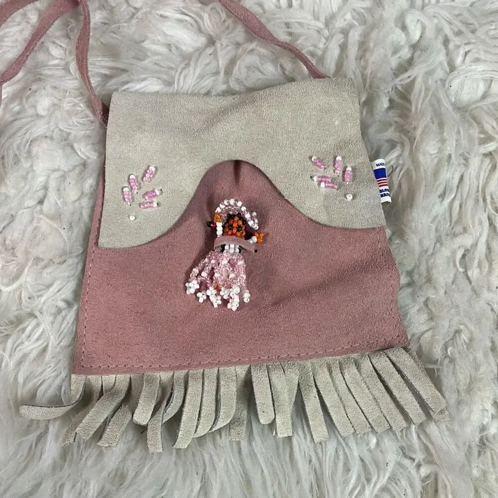 Southwestern Leather Girls Purse Crossbody Bag Beaded Doll Fringe Made in USA